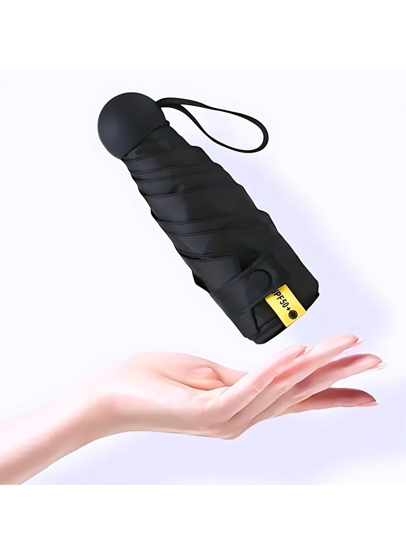 Portable UV Protection Umbrella - windproof, small - compact, lightweight, sturdy, mini, folding and portable for men and women, 5-foldlightweightseries-6bones+capsules (Black)