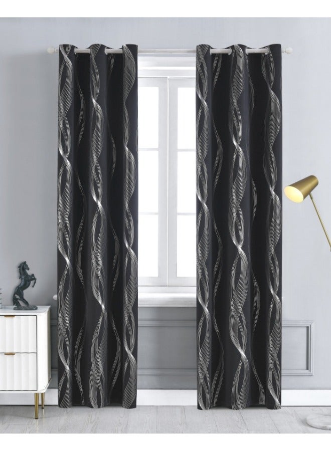 Fabric Nation Curtain Light Blocking Curtains,  Silver Foil Print Thermal Insulated Room Privacy Insulated Liner Grommet Privacy Curtain Tiers 100*250cm Black