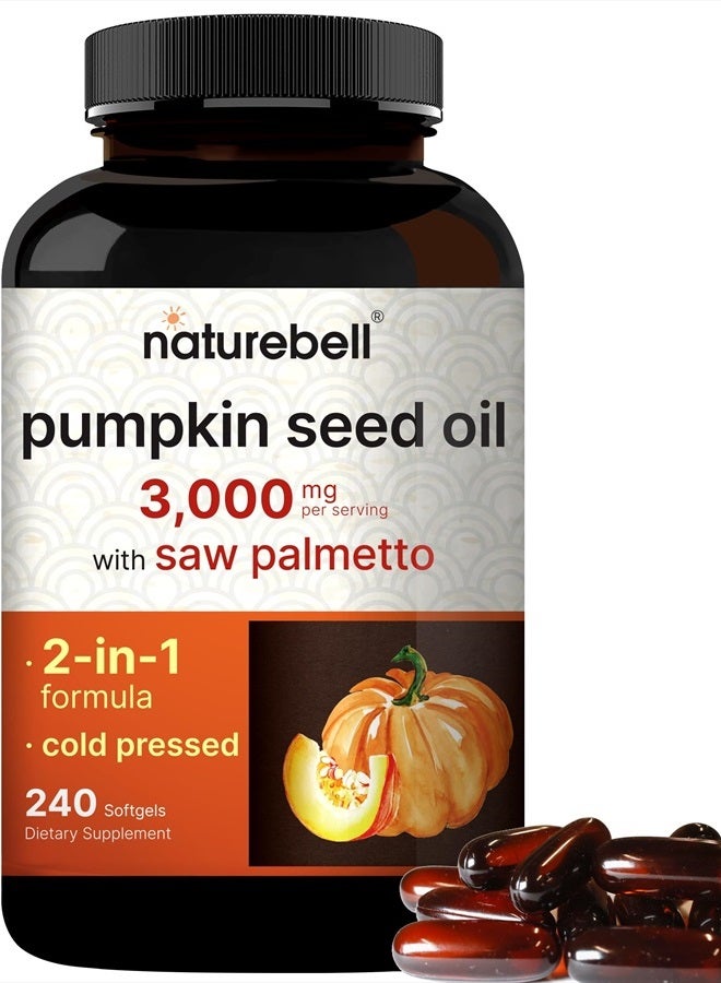 Virgin Pumpkin Seed Oil 3,000mg Per Serving with Saw Palmetto, 240 Softgel Capsules | Cold Pressed – Rich in Omega 6 & 9 Essential Fatty Acids – Prostate & Bladder Supplements, Non-GMO