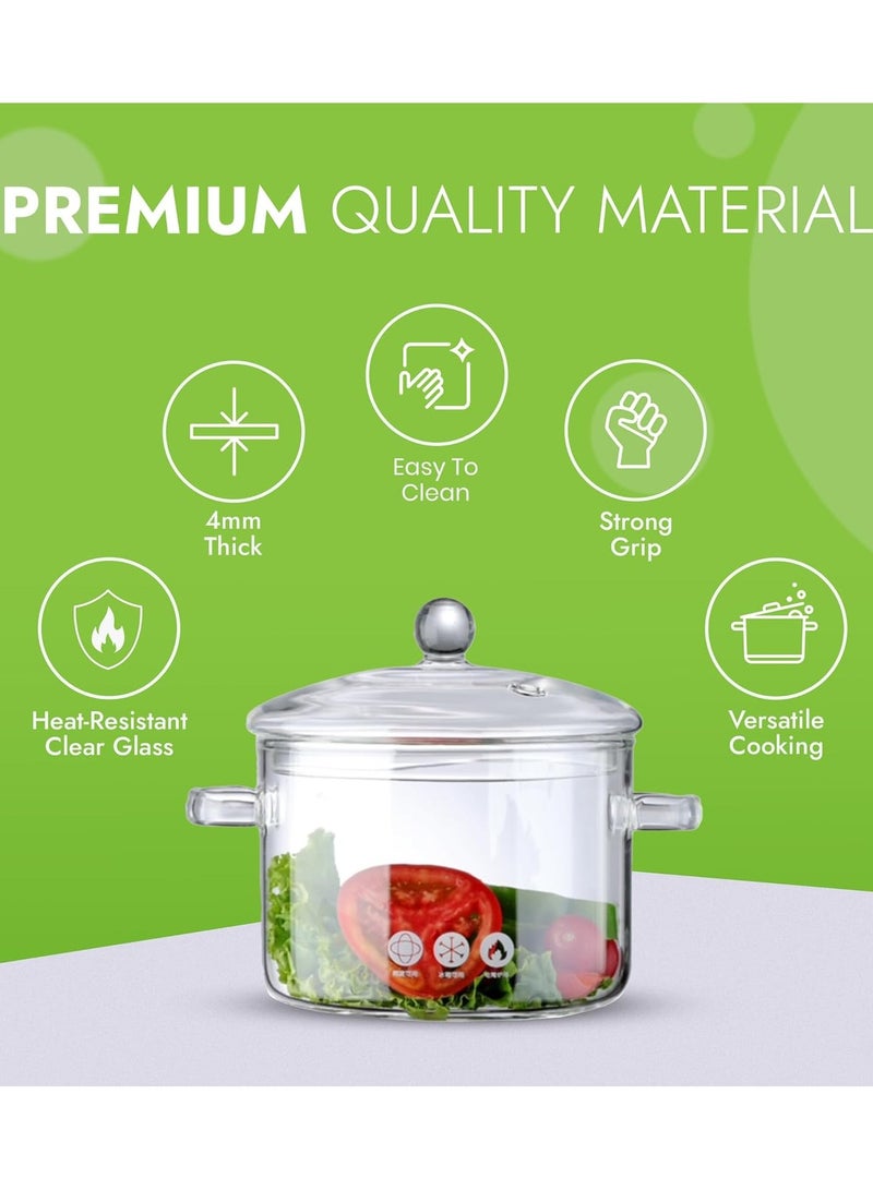 Glass Cooking Pot 1.5L Glass Pot for Cooking On Stove Heat-Resistant Glass Saucepan Clear Glass Cookware Simmer Pot Glass Stovetop Pot with Lid Safe for Soup, Milk, Tea, Fruits