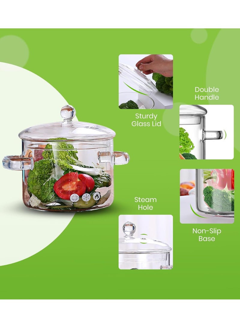 Glass Cooking Pot 1.5L Glass Pot for Cooking On Stove Heat-Resistant Glass Saucepan Clear Glass Cookware Simmer Pot Glass Stovetop Pot with Lid Safe for Soup, Milk, Tea, Fruits