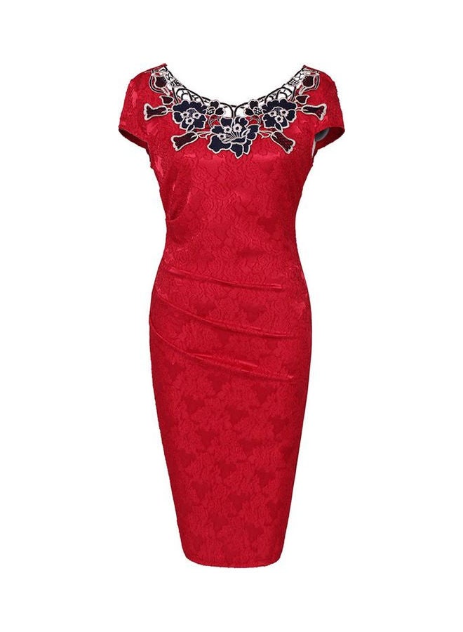 Embroidered Bodycon Dress Rose Red