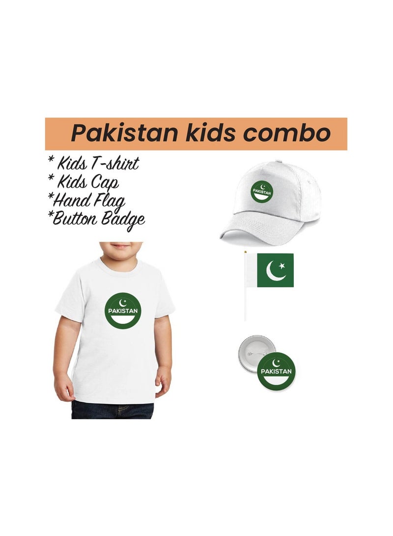 Pakistan Independence Day T Shirt for Boys, Cap, Badge, Flag Set Celebrate Pakistan Independence Day with this Kids Combo Pack in Style