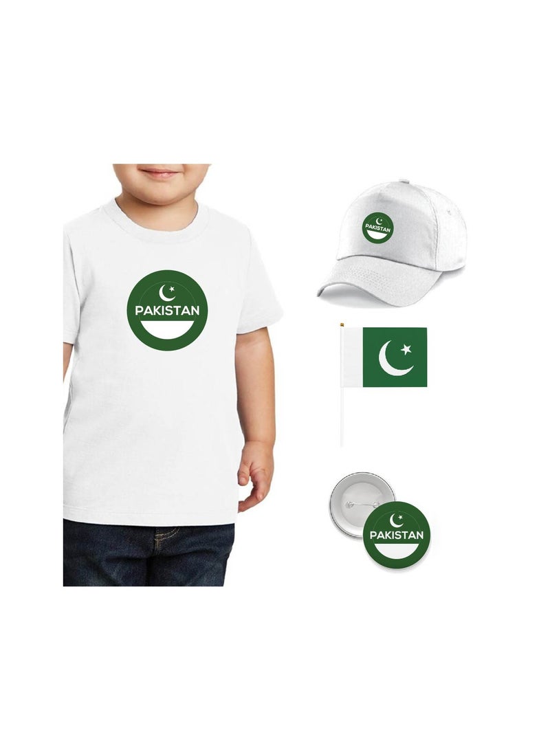 Pakistan Independence Day T Shirt for Boys, Cap, Badge, Flag Set Celebrate Pakistan Independence Day with this Kids Combo Pack in Style