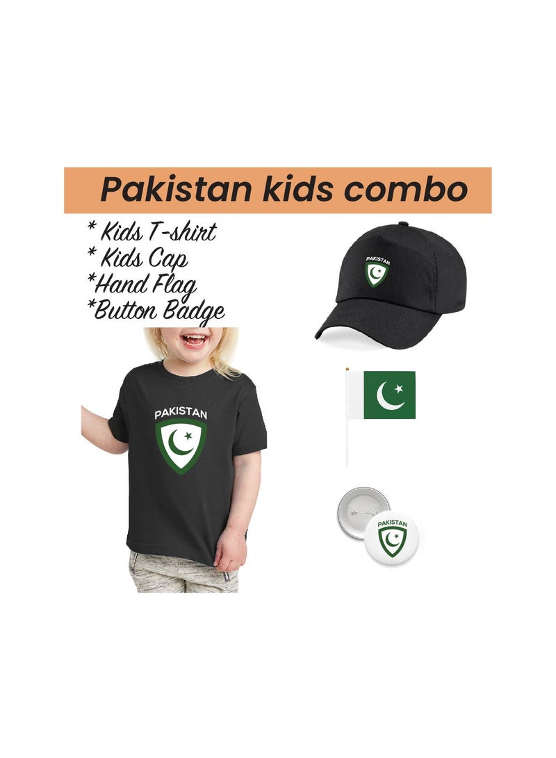 Pakistan Independence Day T Shirt for Girls, Cap, Badge, Flag Set Celebrate Pakistan Independence Day with this Kids Combo Pack in Style