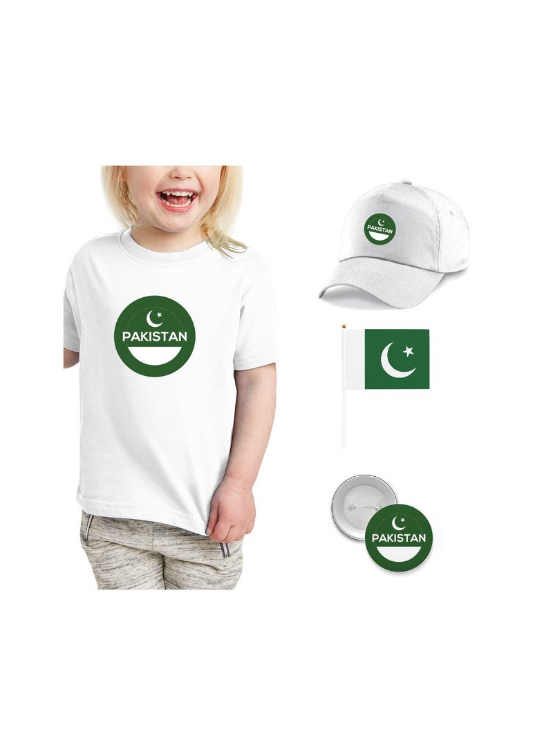 Pakistan Independence Day T Shirt for Girls, Cap, Badge, Flag Set Celebrate Pakistan Independence Day with this Kids Combo Pack in Style