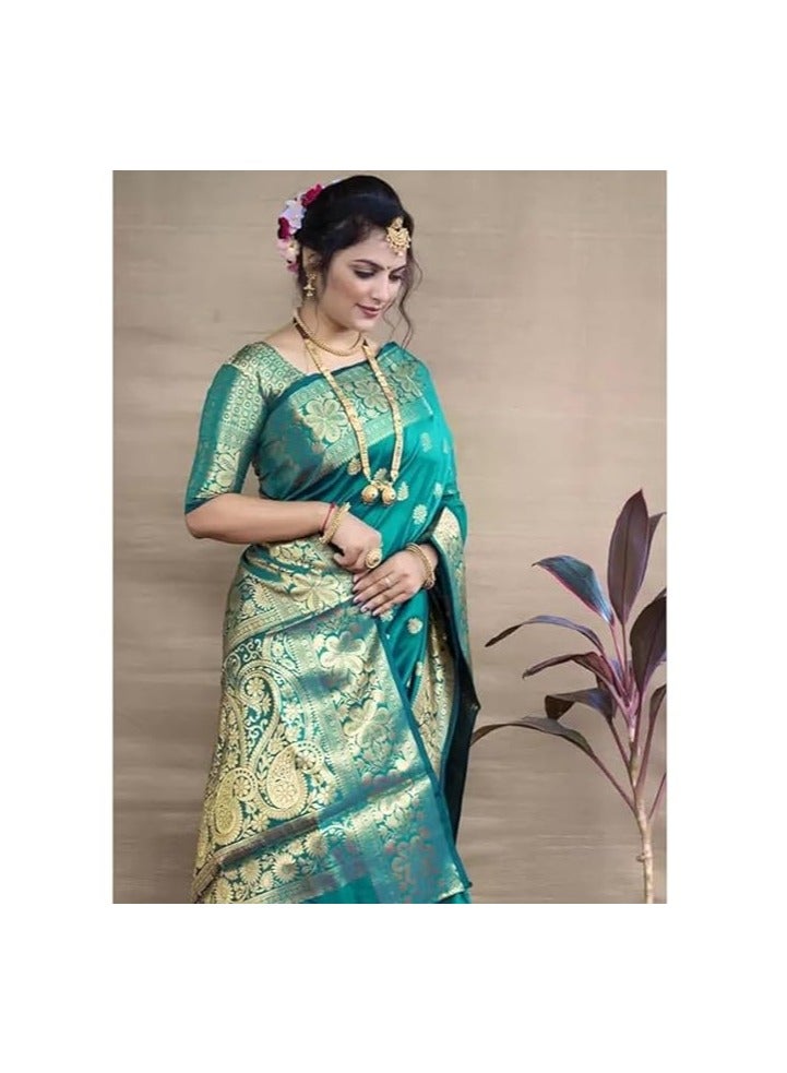 Women's Pure Banarasi Silk Saree Kanjivaram Style Saree With Blouse Piece For Wedding (Vruksh)