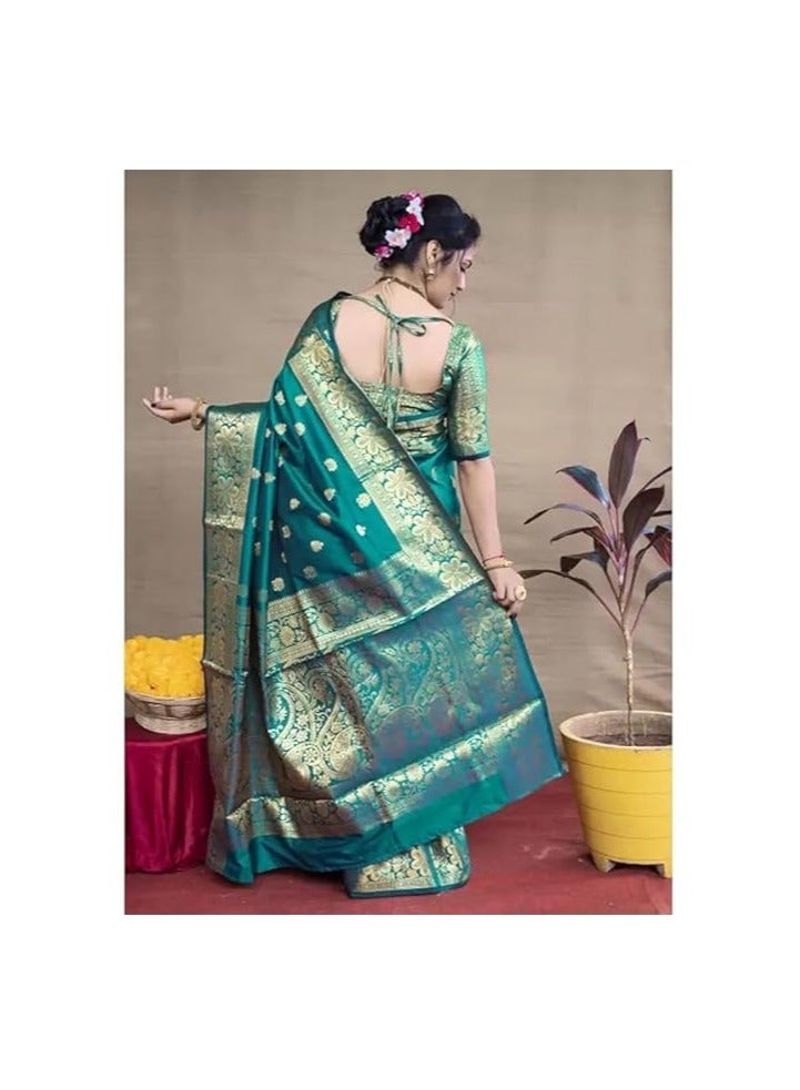 Women's Pure Banarasi Silk Saree Kanjivaram Style Saree With Blouse Piece For Wedding (Vruksh)