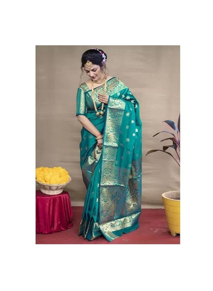 Women's Pure Banarasi Silk Saree Kanjivaram Style Saree With Blouse Piece For Wedding (Vruksh)
