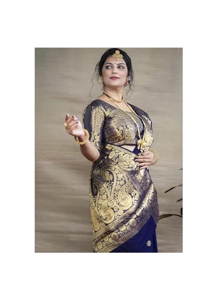 Women's Pure Banarasi Silk Saree Kanjivaram Style Saree With Blouse Piece For Wedding (Vruksh)