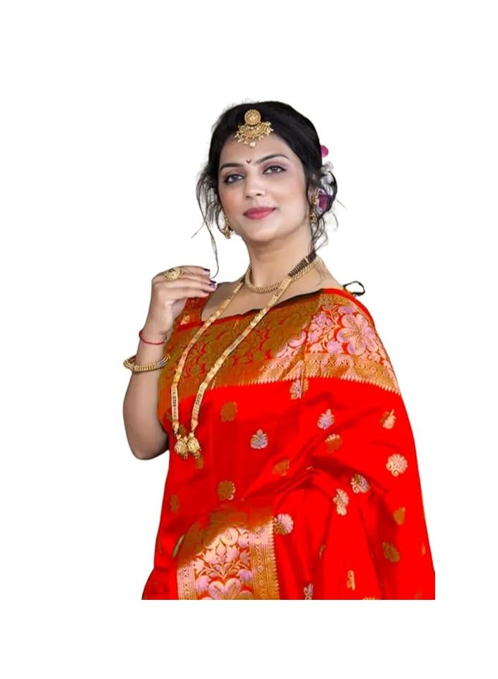 Women's Pure Banarasi Silk Saree Kanjivaram Style Saree With Blouse Piece For Wedding (Vruksh)