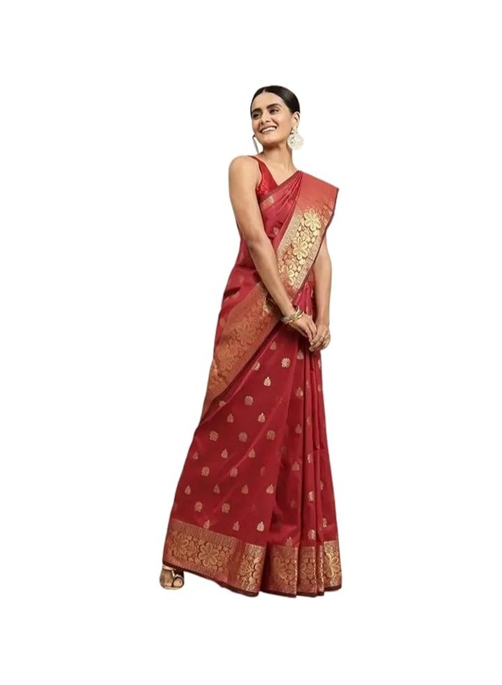 Women's Pure Banarasi Silk Saree Kanjivaram Style Saree With Blouse Piece For Wedding (Vruksh)