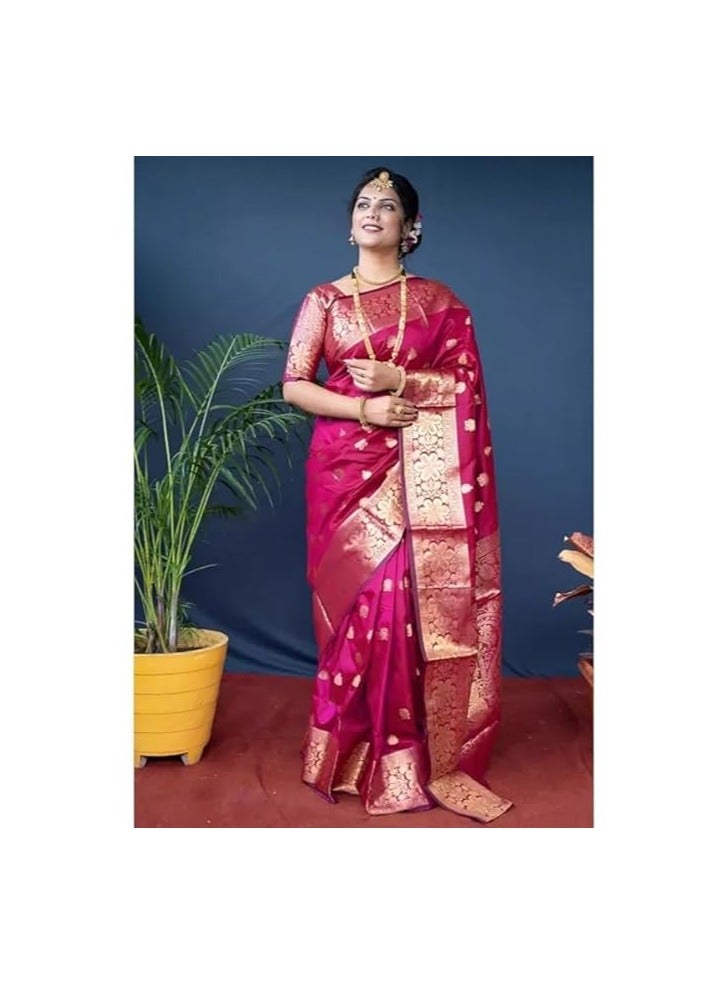 Women's Pure Banarasi Silk Saree Kanjivaram Style Saree With Blouse Piece For Wedding (Vruksh)