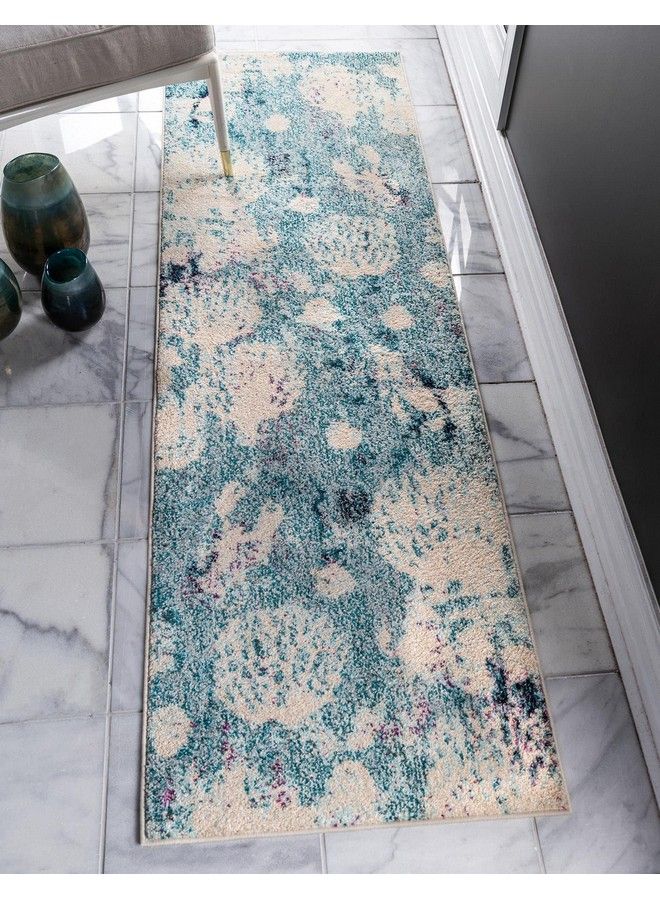 Positano Collection Coastal Modern Coral Lobster Shells Light Blue Runner Rug (2' X 7')
