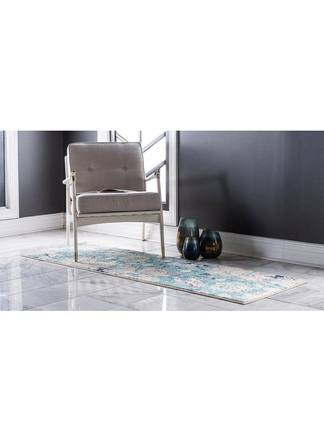 Positano Collection Coastal Modern Coral Lobster Shells Light Blue Runner Rug (2' X 7')