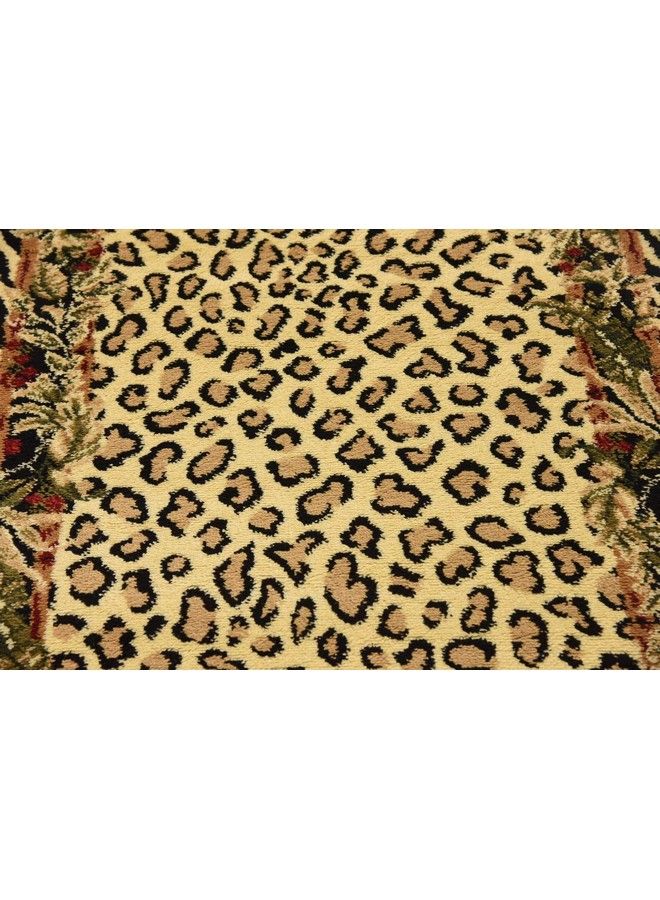 Wildlife Collection Animal Inspired With Cheetah Bordered Design Area Rug 2 Ft 7 In X 10 Ft Ivory Black