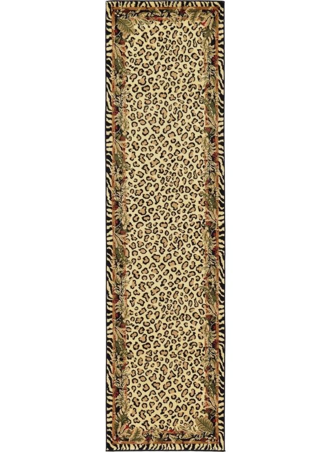 Wildlife Collection Animal Inspired With Cheetah Bordered Design Area Rug 2 Ft 7 In X 10 Ft Ivory Black