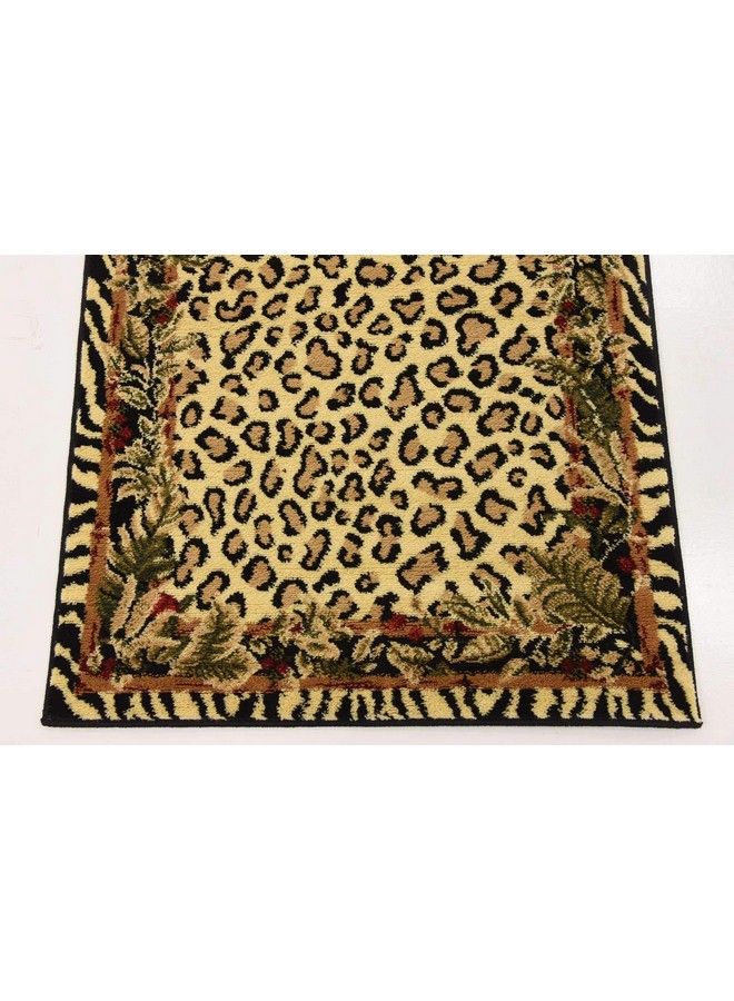 Wildlife Collection Animal Inspired With Cheetah Bordered Design Area Rug 2 Ft 7 In X 10 Ft Ivory Black