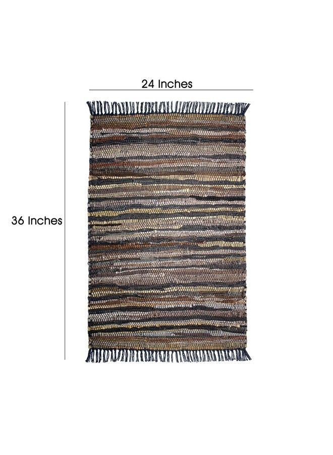 Leather Chindi Area Rug Boho Farmhouse Rustic Accent Rug Handwoven Reversible Natural Recycled Leather Throw Rug Entryway Living Room Dorm Study Gift 24 X 36 Inch Tan Multicolor