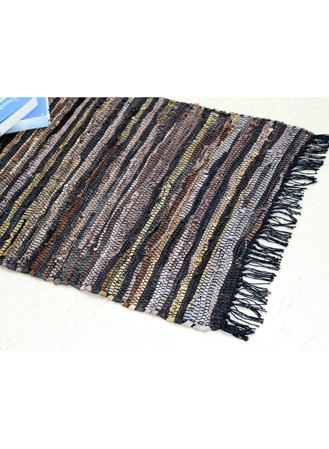 Leather Chindi Area Rug Boho Farmhouse Rustic Accent Rug Handwoven Reversible Natural Recycled Leather Throw Rug Entryway Living Room Dorm Study Gift 24 X 36 Inch Tan Multicolor