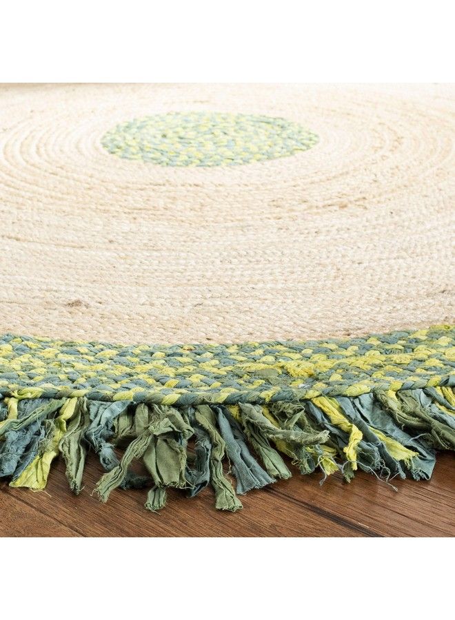 Cape Cod Collection 3' Round Green Natural Cap212Y Handmade Boho Fringe Jute & Cotton Area Rug