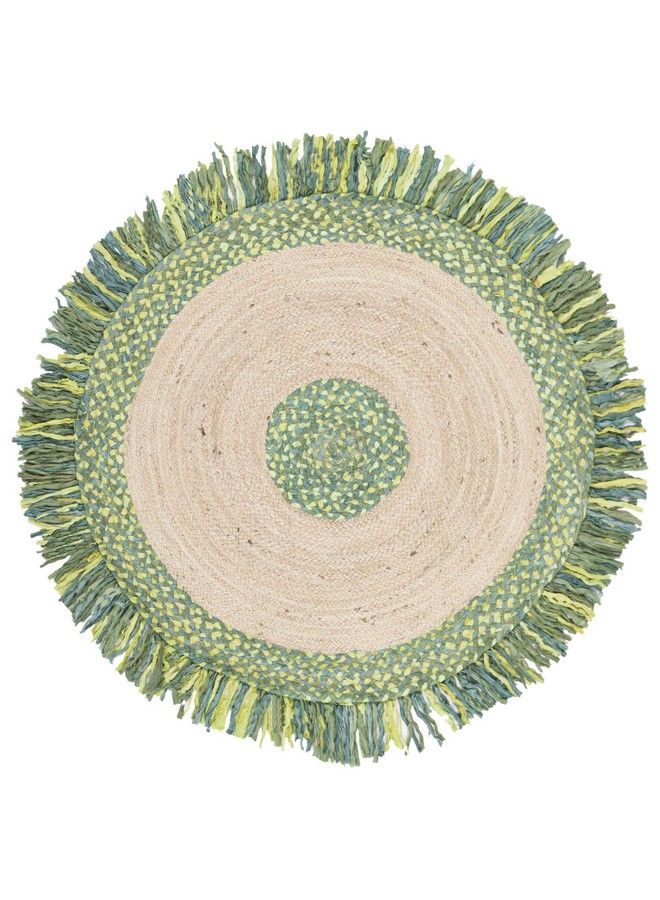 Cape Cod Collection 3' Round Green Natural Cap212Y Handmade Boho Fringe Jute & Cotton Area Rug