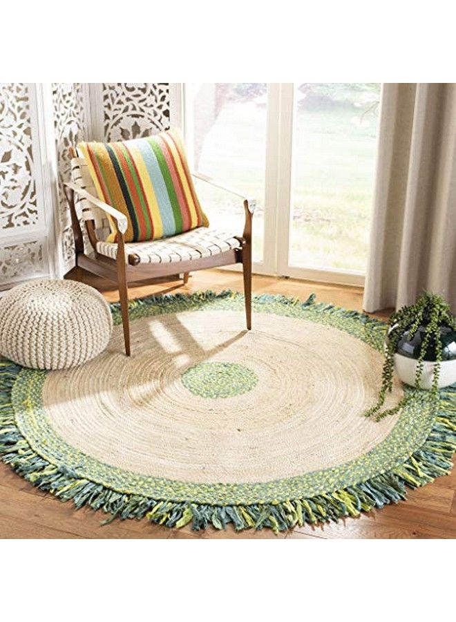 Cape Cod Collection 3' Round Green Natural Cap212Y Handmade Boho Fringe Jute & Cotton Area Rug