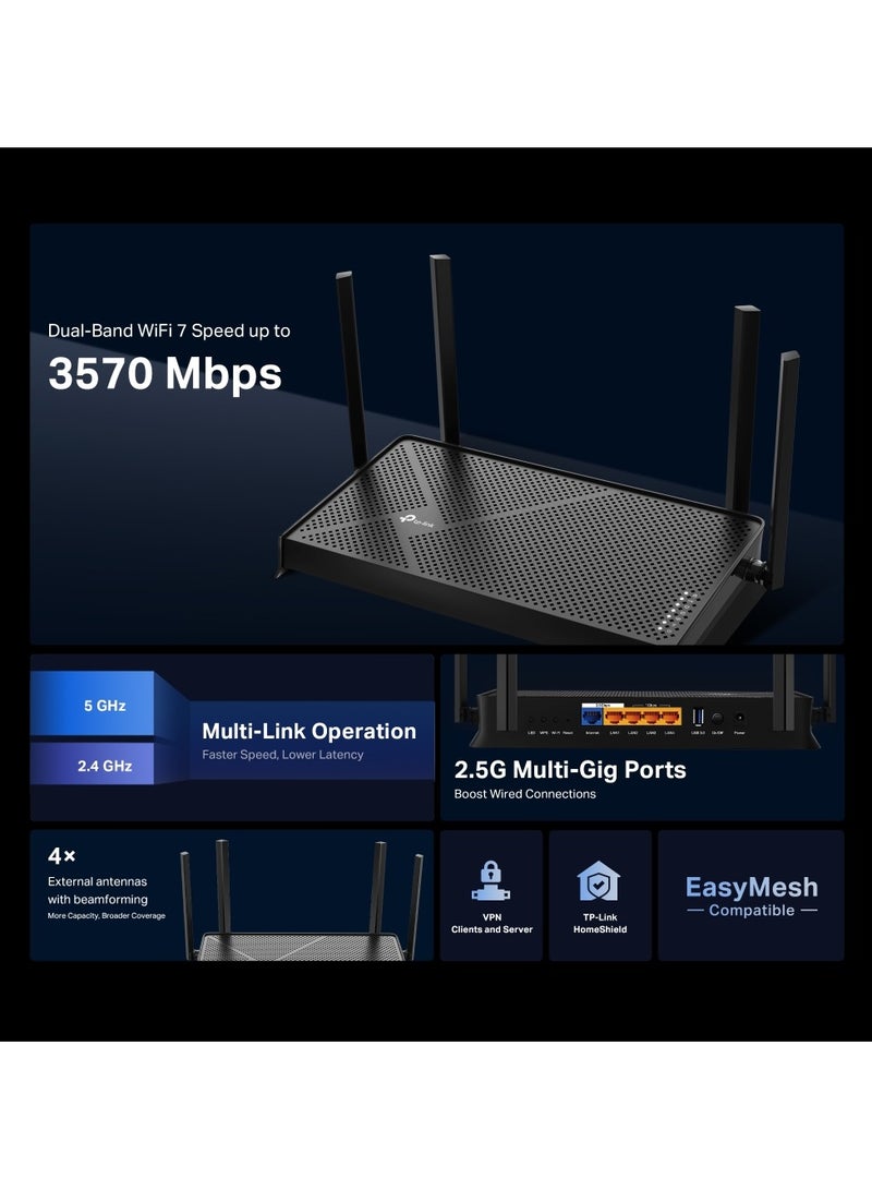 BE3600 Dual-Band Wi-Fi 7 Router, Lightning-Fast Speeds, 2.5G Multi-Gig Connectivity, Far-Reaching Coverage, Ultra Smooth Wi-Fi, EasyMesh-Compatible, TP-Link HomeShield (Archer BE230) Black