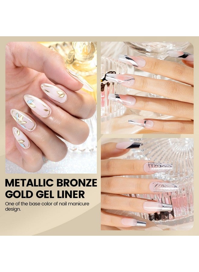 Metallic Gel Liner Nail Art Silver Bronze Gold 2Pcs Set Mirror Chrome 3D Effect Gel Nail Polish 8Ml Build In Thin Brush Metal Painted Drawing Stripper Gel Polish Curing Requires For Home Salon