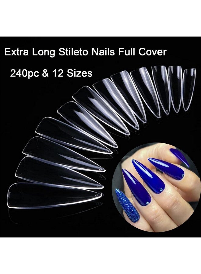 240Pc Long Stiletto Nail Tips Xl Clear Acrylic False Nails Pointy Stiletto Artificial Fake Nail Art Tips Full Cover 12 Size Manicure Diy Fingernails Design Nail Decor For Women Girls