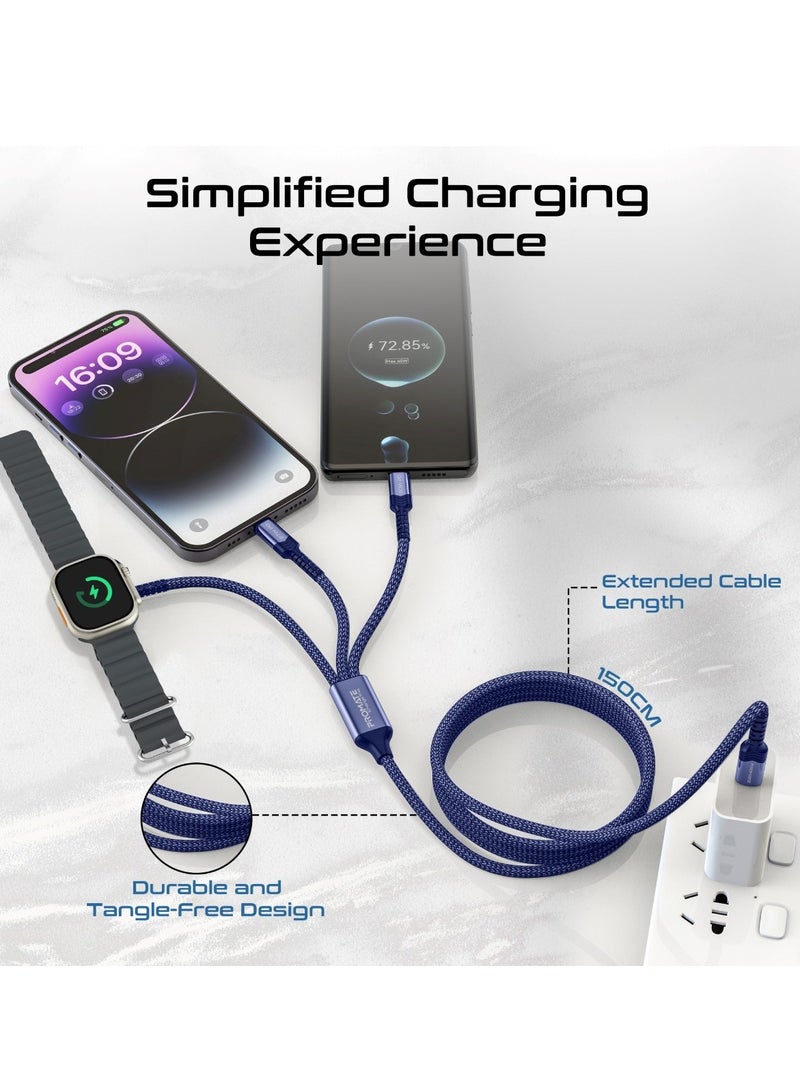 5-in-1 Multiple Charging Cable, Ultra-fast 60W USB-C To USB-C, 27W Lightning Connector, And Apple Watch Charger, 480Mbps Data Transfer, Durable Fabric Braided And 1.5M Long, Icharge-Trio Blue