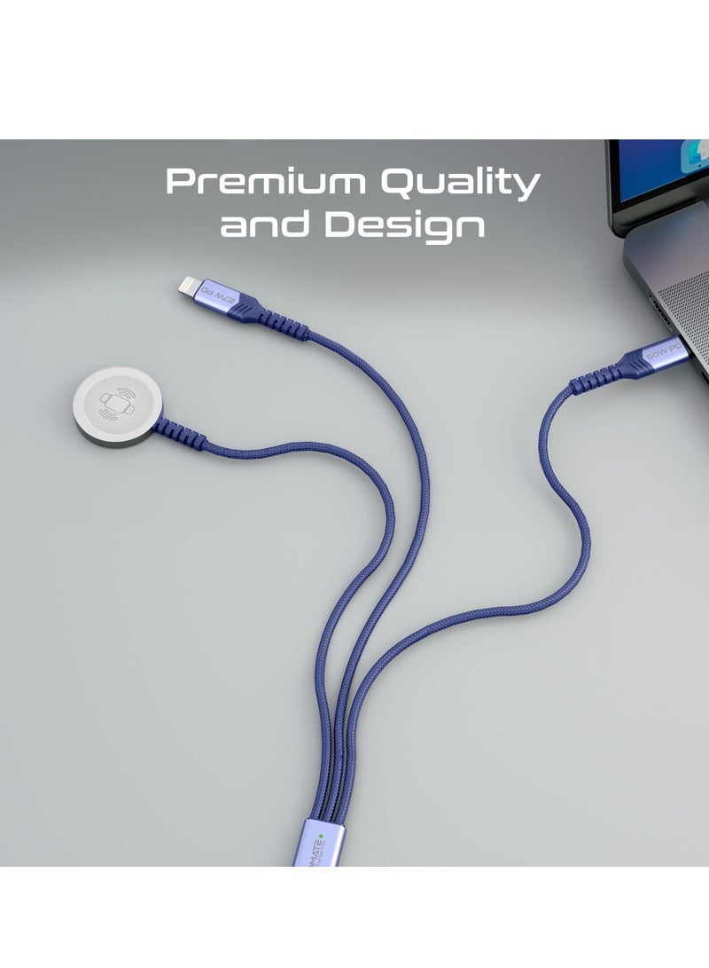 5-in-1 Multiple Charging Cable, Ultra-fast 60W USB-C To USB-C, 27W Lightning Connector, And Apple Watch Charger, 480Mbps Data Transfer, Durable Fabric Braided And 1.5M Long, Icharge-Trio Blue