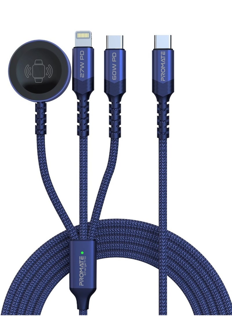 5-in-1 Multiple Charging Cable, Ultra-fast 60W USB-C To USB-C, 27W Lightning Connector, And Apple Watch Charger, 480Mbps Data Transfer, Durable Fabric Braided And 1.5M Long, Icharge-Trio Blue
