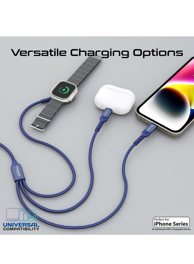 5-in-1 Multiple Charging Cable, Ultra-fast 60W USB-C To USB-C, 27W Lightning Connector, And Apple Watch Charger, 480Mbps Data Transfer, Durable Fabric Braided And 1.5M Long, Icharge-Trio Blue