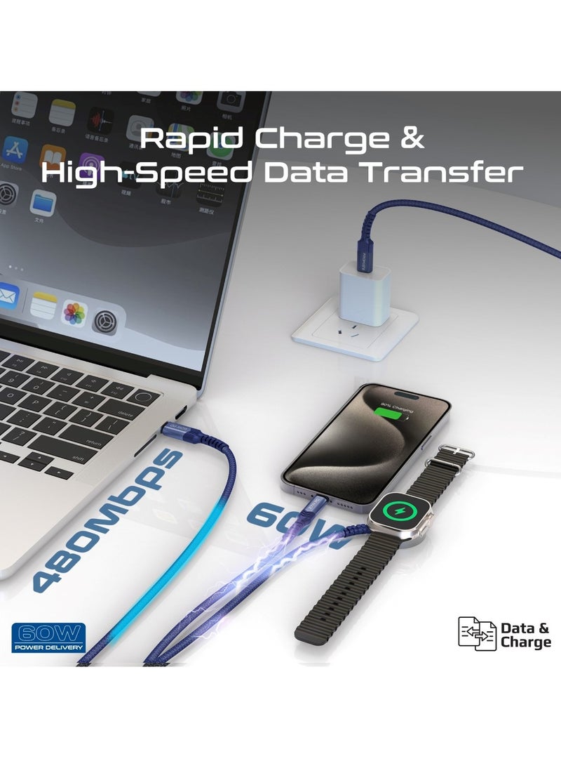 5-in-1 Multiple Charging Cable, Ultra-fast 60W USB-C To USB-C, 27W Lightning Connector, And Apple Watch Charger, 480Mbps Data Transfer, Durable Fabric Braided And 1.5M Long, Icharge-Trio Blue