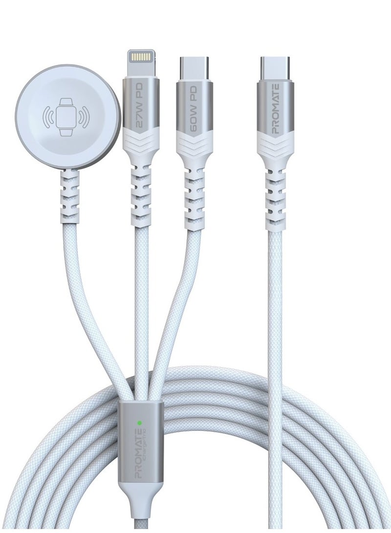 5-in-1 Multiple Charging Cable, Ultra-Fast 60W USB-C To USB-C, 27W Lightning Connector, And Apple Watch Charger, 480Mbps Data Transfer, Durable Fabric Braided And 1.5M Long, Icharge-Trio White