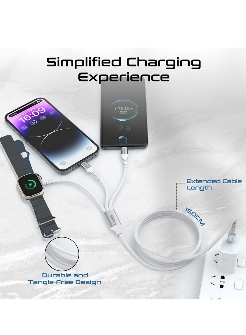5-in-1 Multiple Charging Cable, Ultra-Fast 60W USB-C To USB-C, 27W Lightning Connector, And Apple Watch Charger, 480Mbps Data Transfer, Durable Fabric Braided And 1.5M Long, Icharge-Trio White