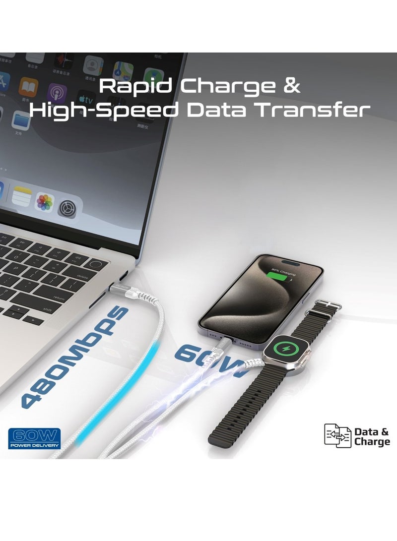5-in-1 Multiple Charging Cable, Ultra-Fast 60W USB-C To USB-C, 27W Lightning Connector, And Apple Watch Charger, 480Mbps Data Transfer, Durable Fabric Braided And 1.5M Long, Icharge-Trio White