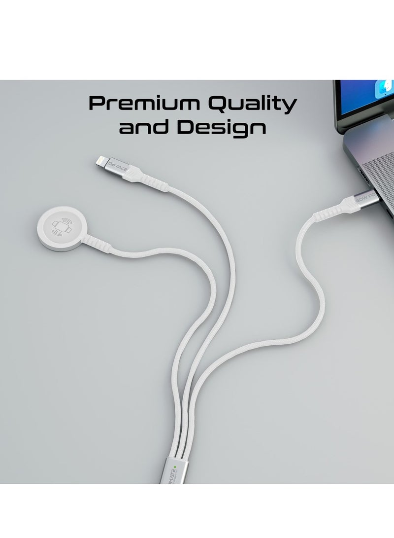 5-in-1 Multiple Charging Cable, Ultra-Fast 60W USB-C To USB-C, 27W Lightning Connector, And Apple Watch Charger, 480Mbps Data Transfer, Durable Fabric Braided And 1.5M Long, Icharge-Trio White