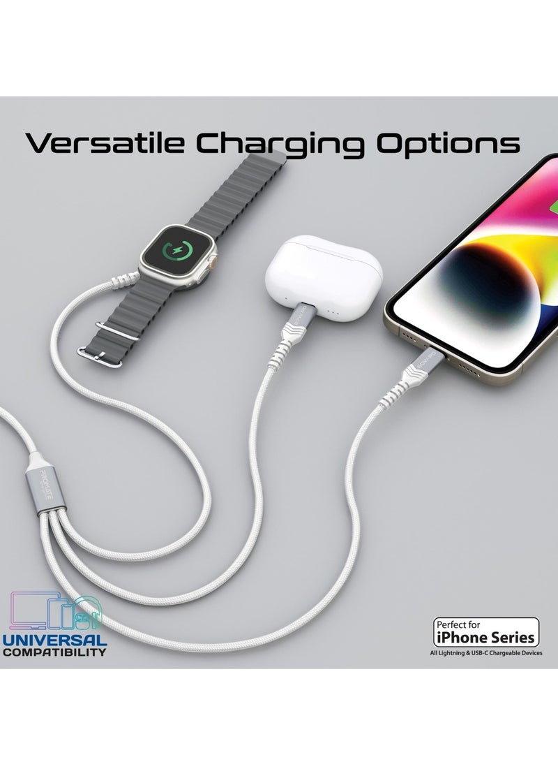 5-in-1 Multiple Charging Cable, Ultra-Fast 60W USB-C To USB-C, 27W Lightning Connector, And Apple Watch Charger, 480Mbps Data Transfer, Durable Fabric Braided And 1.5M Long, Icharge-Trio White