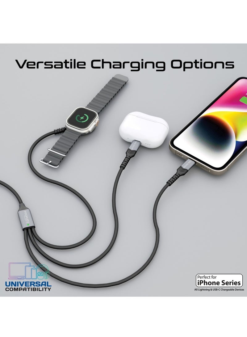5-in-1 Multiple Charging Cable, Ultra-fast 60W USB-C To USB-C, 27W Lightning Connector, And Apple Watch Charger, 480Mbps Data Transfer, Durable Fabric Braided And 1.5M Long, Icharge-Trio Black