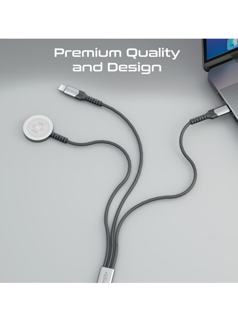 5-in-1 Multiple Charging Cable, Ultra-fast 60W USB-C To USB-C, 27W Lightning Connector, And Apple Watch Charger, 480Mbps Data Transfer, Durable Fabric Braided And 1.5M Long, Icharge-Trio Black