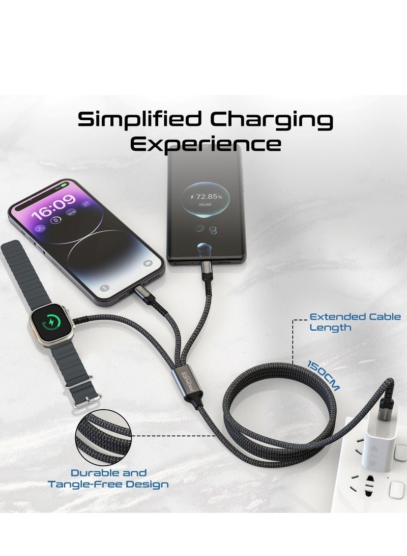 5-in-1 Multiple Charging Cable, Ultra-fast 60W USB-C To USB-C, 27W Lightning Connector, And Apple Watch Charger, 480Mbps Data Transfer, Durable Fabric Braided And 1.5M Long, Icharge-Trio Black