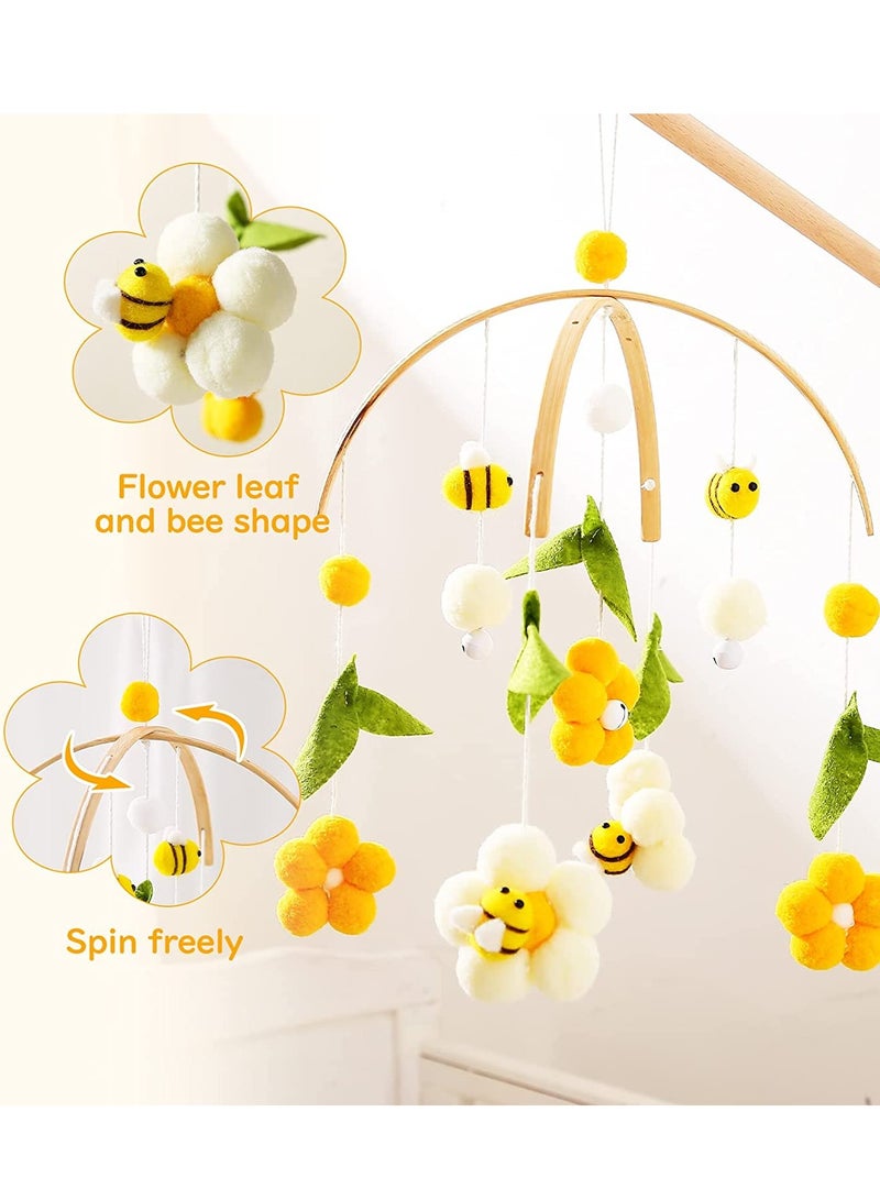 Cute Baby Crib Mobile with Bamboo Wind Chime and Plush Toys, Rotating Ceiling Decor for Nursery, Soft Cotton Balls and Bee Design