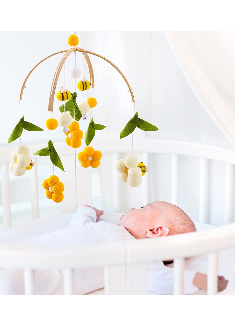 Cute Baby Crib Mobile with Bamboo Wind Chime and Plush Toys, Rotating Ceiling Decor for Nursery, Soft Cotton Balls and Bee Design