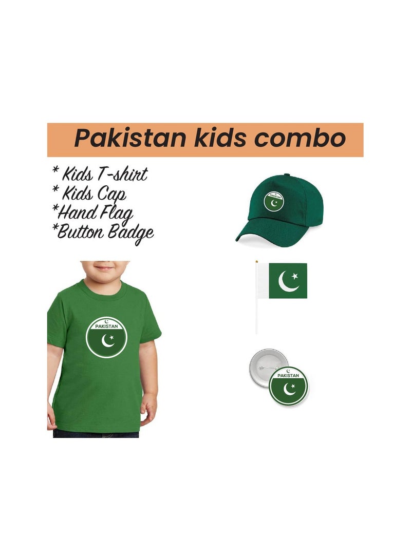 Pakistan Independence Day T Shirt for Boys, Cap, Badge, Flag Set Celebrate Pakistan Independence Day with this Kids Combo Pack in Style