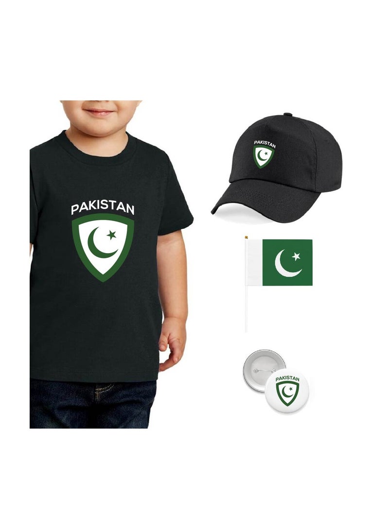 Pakistan Independence Day T Shirt for Boys, Cap, Badge, Flag Set Celebrate Pakistan Independence Day with this Kids Combo Pack in Style