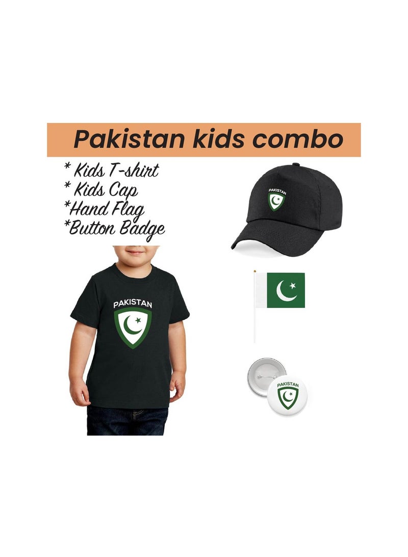 Pakistan Independence Day T Shirt for Boys, Cap, Badge, Flag Set Celebrate Pakistan Independence Day with this Kids Combo Pack in Style