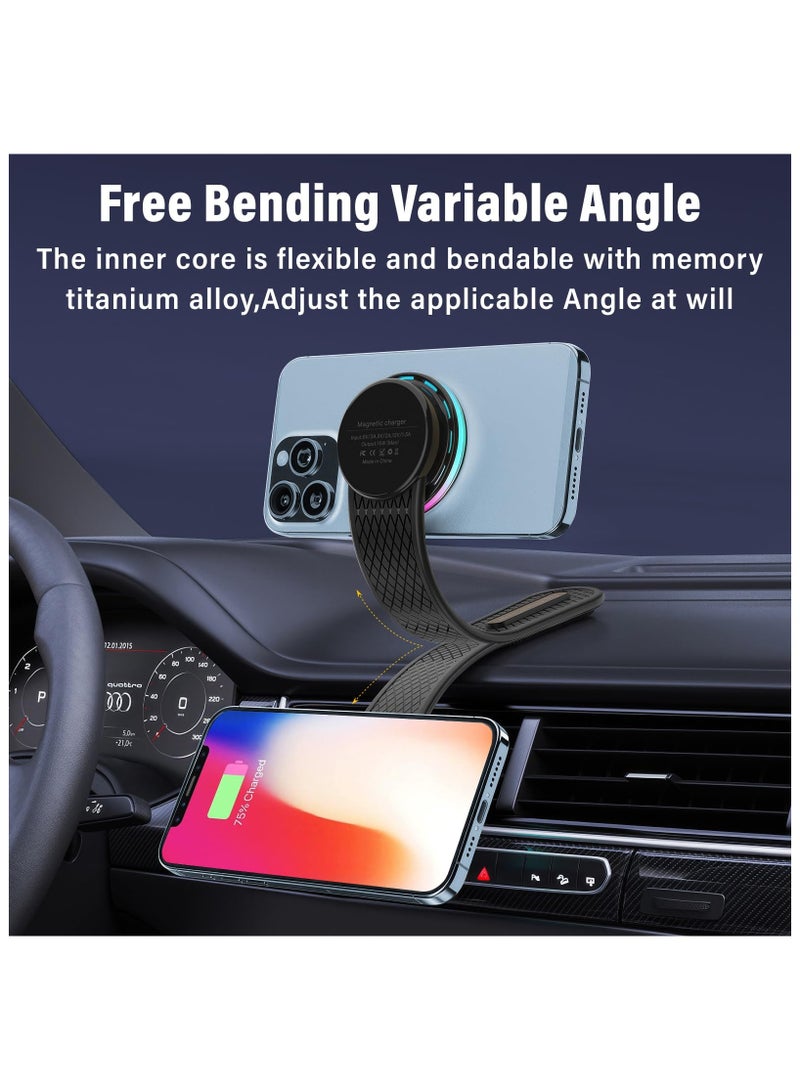 for Mag-safe Car Mount Charger 15W, Magnetic Car Phone Holder, Fast Charging, Compatible for iPhone 15, 14, 13, 12 Pro Plus Max, Bendable Memory Titanium Alloy for Dashboard, Windshield, Touchscreen