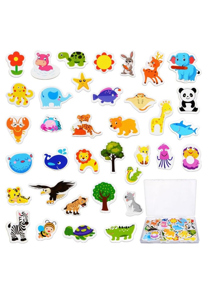 Wooden Animal Magnets, 36Pcs Cartoon Magnetic Animal Fridge Magnets for Magnetic Whiteboards, Photos, Maps, Office Stickers, Refrigerator Magnets Cute Educational Learning Toys for Kids